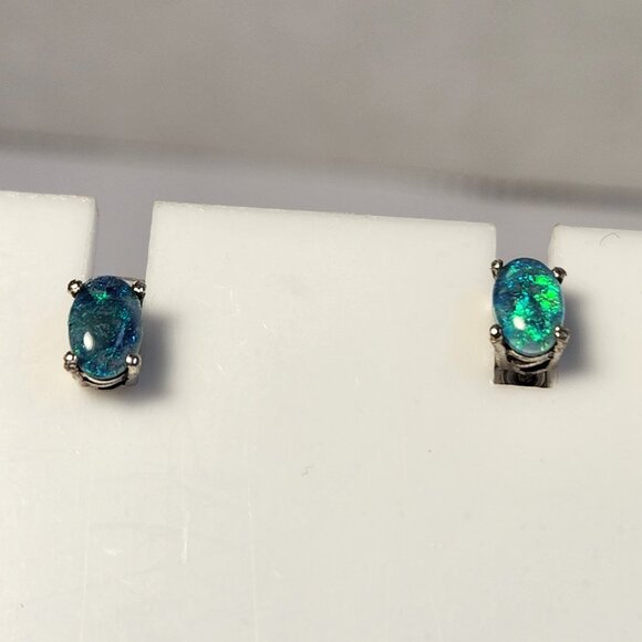 925 Sterling Silver Genuine Blue Fire Opal Earrings - Natural and Genuine Opal.